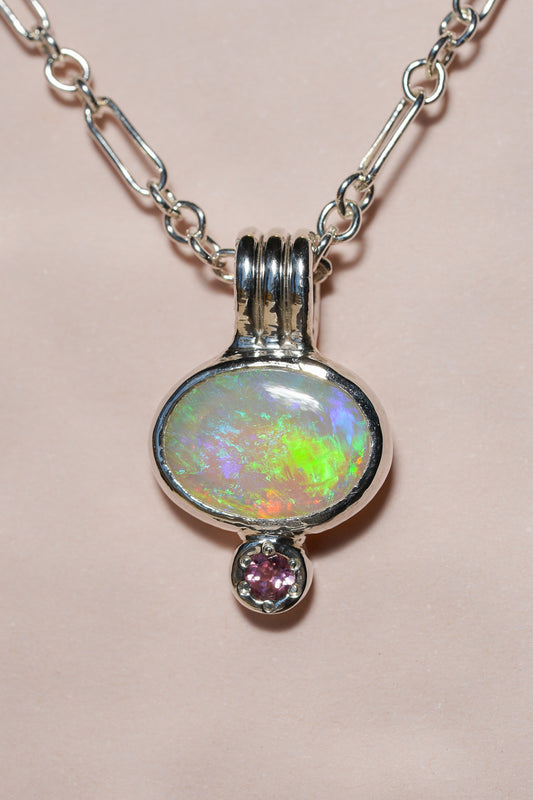 Green crystal opal and tourmaline pendant
