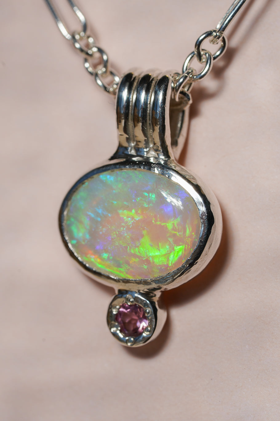 Green crystal opal and tourmaline pendant