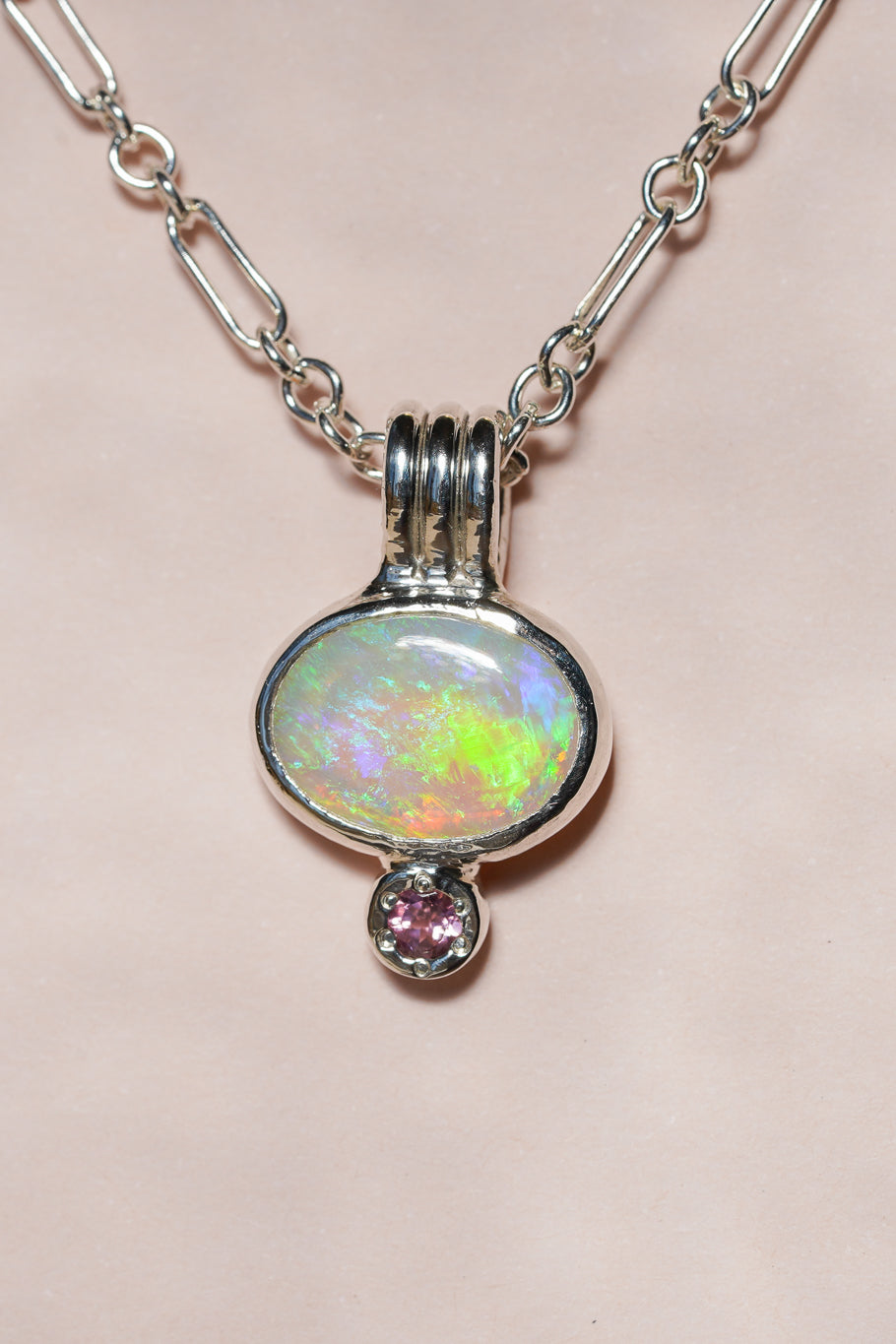 Green crystal opal and tourmaline pendant