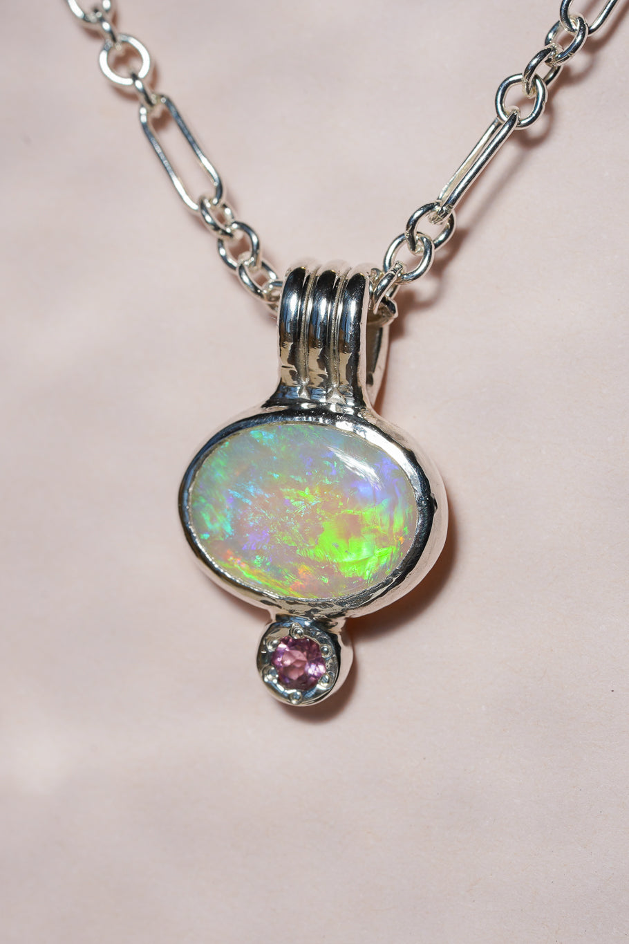 Green crystal opal and tourmaline pendant