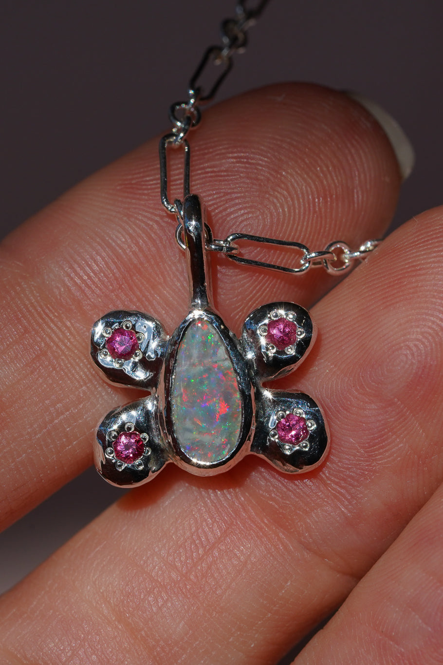 Pink opal & spinel butterfly pendant