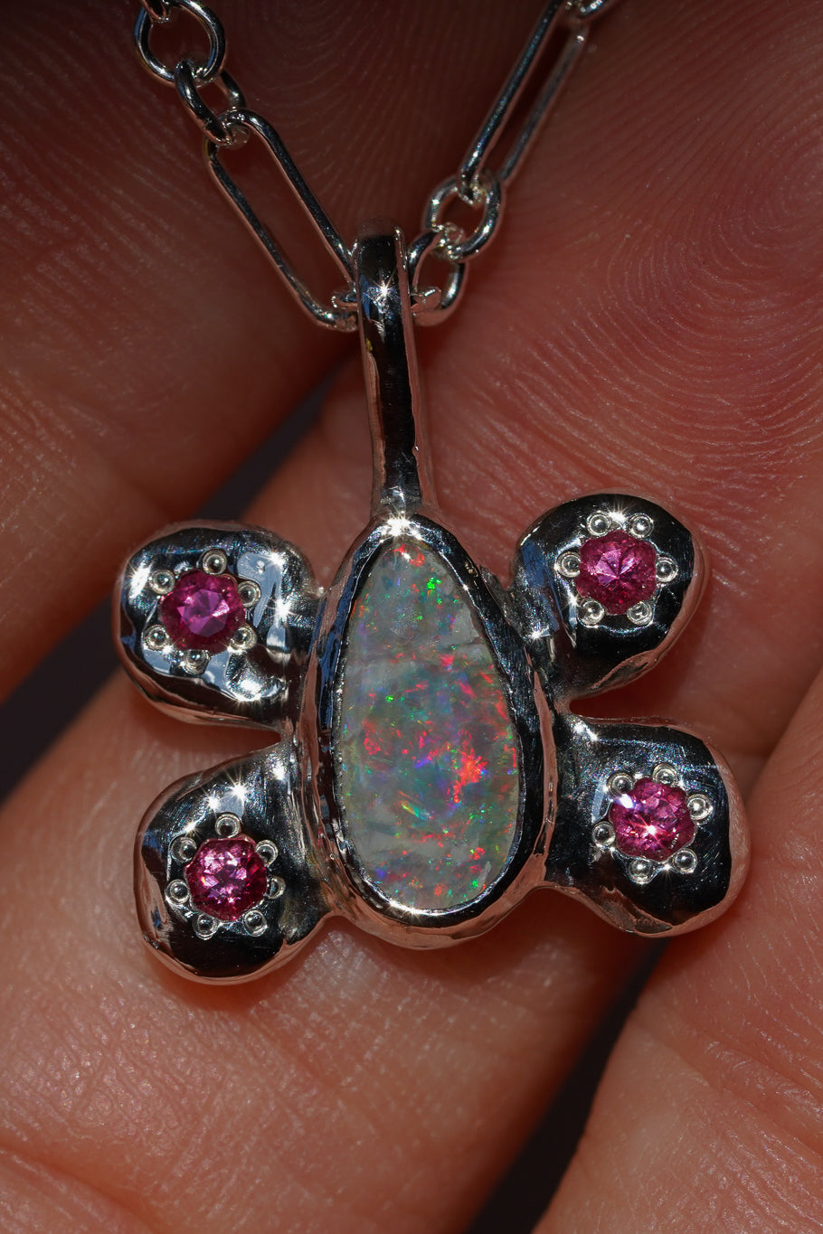 Pink opal & spinel butterfly pendant