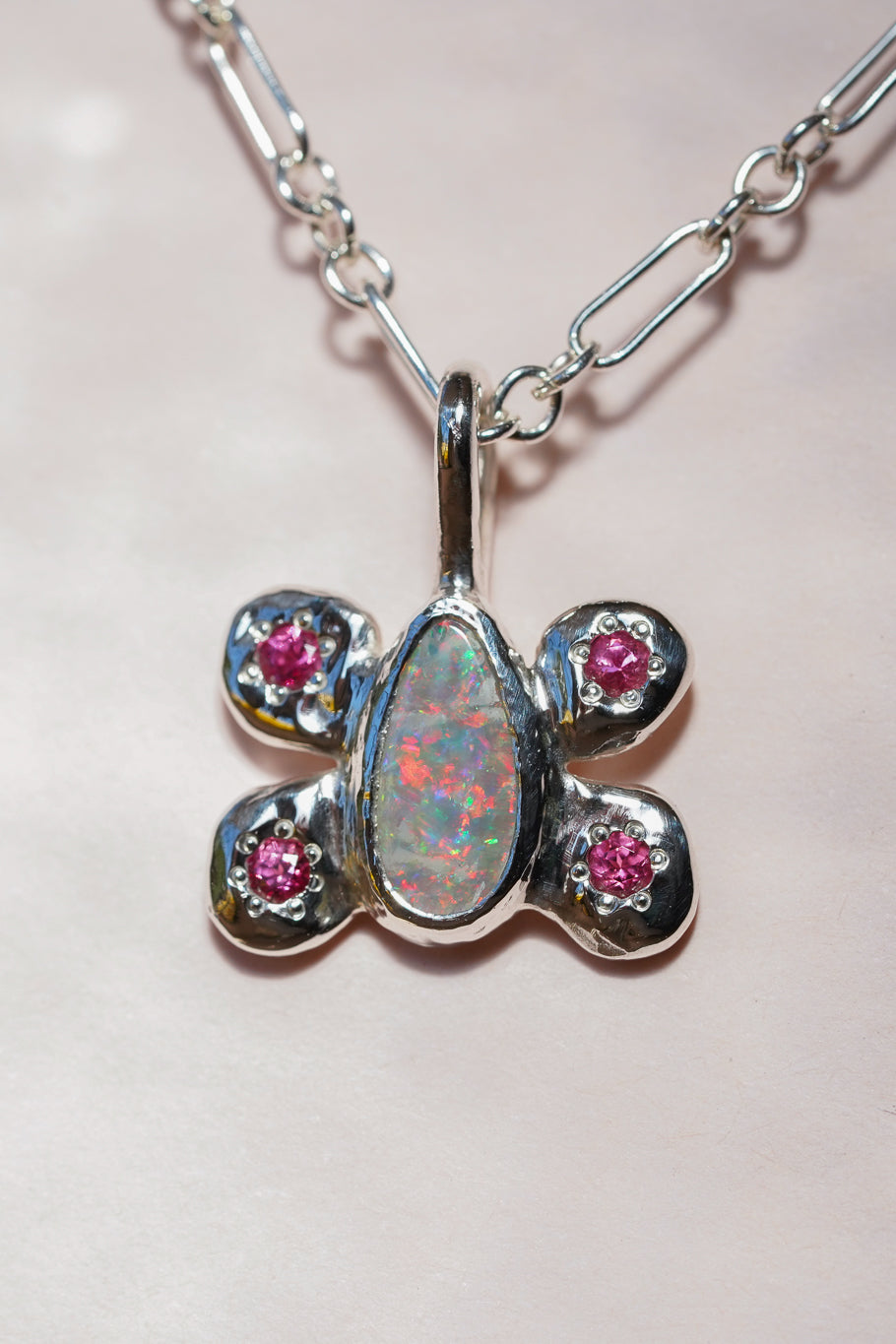 Pink opal & spinel butterfly pendant