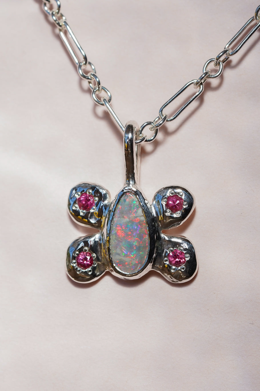 Pink opal & spinel butterfly pendant