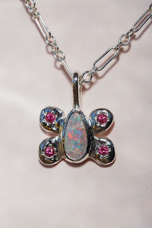Pink opal & spinel butterfly pendant