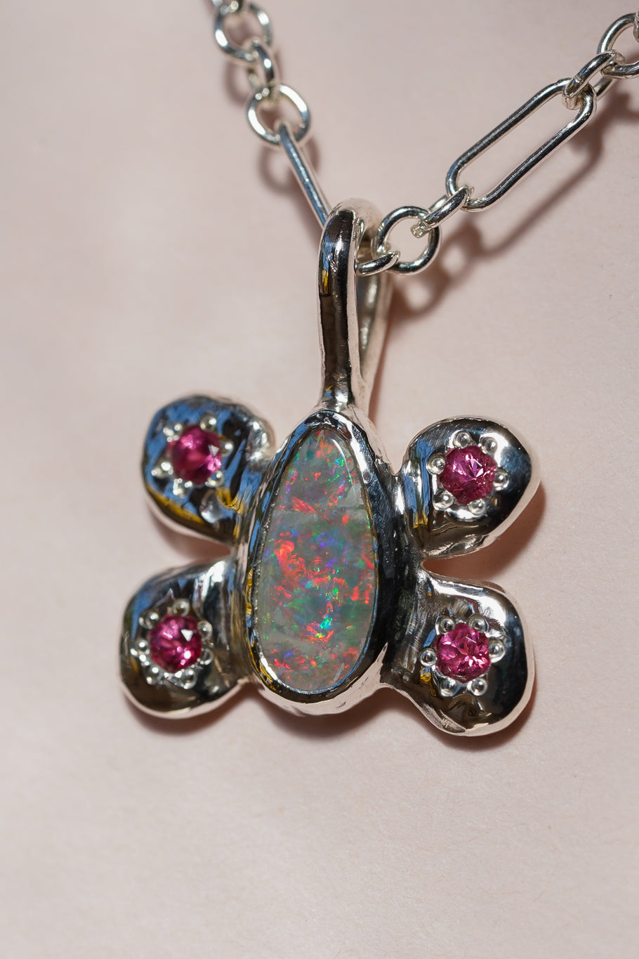 Pink opal & spinel butterfly pendant