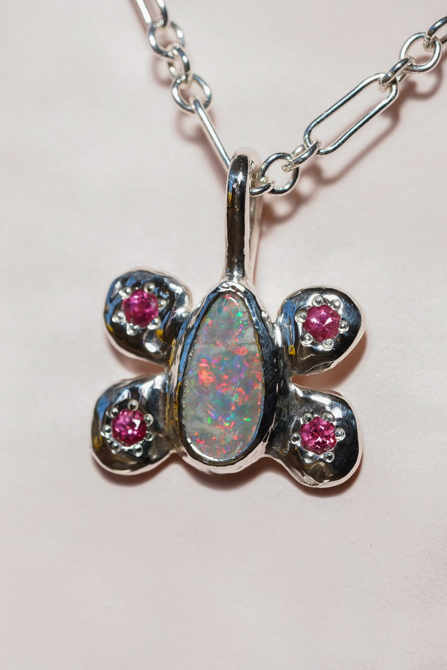 Pink opal & spinel butterfly pendant
