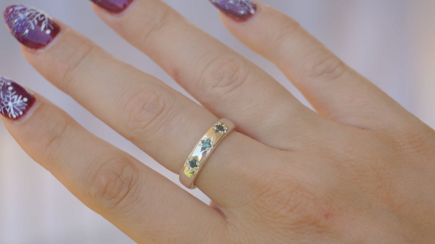 Teal tourmaline three stone band - silver