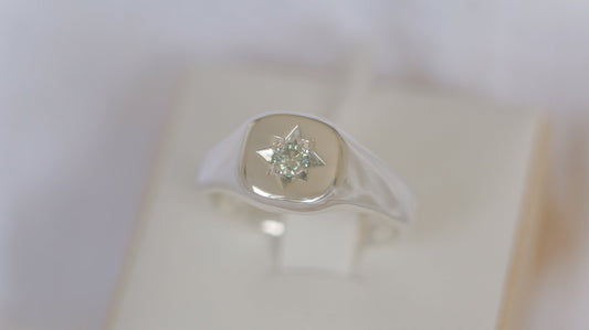 Teal moissanite signet ring - silver