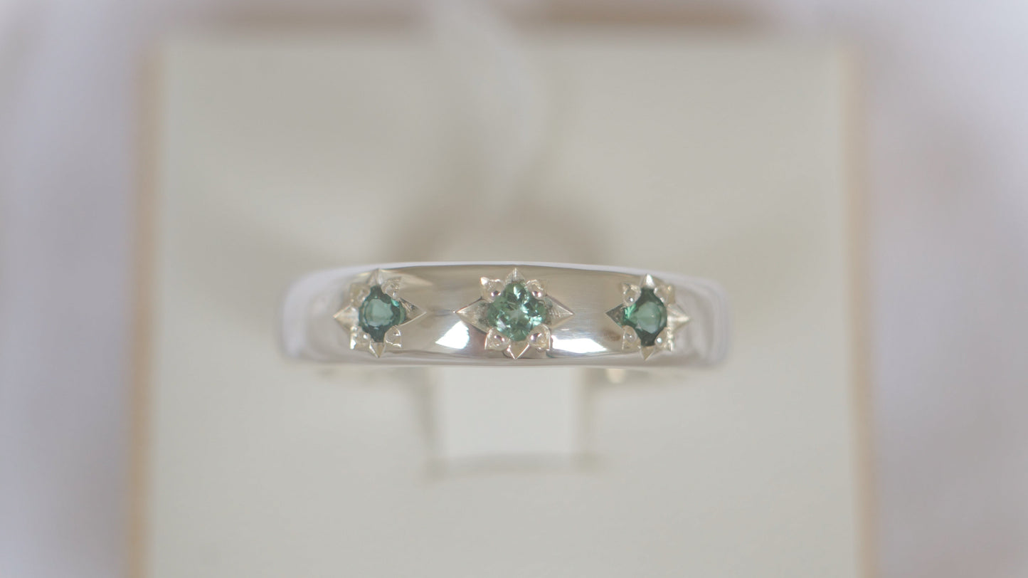 Teal tourmaline three stone band - silver