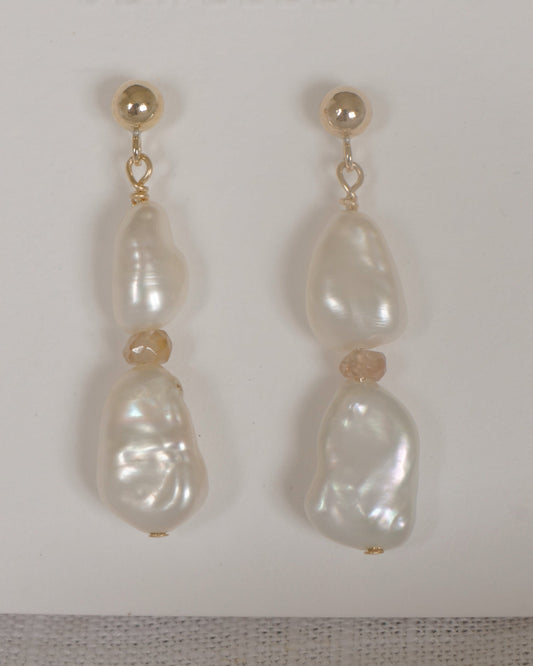 Double drop pearl & zircon earrings (pair) - gold-filled