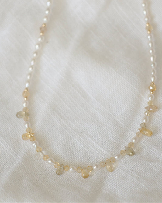 Mixed zircon drops & pearl beaded necklace - gold