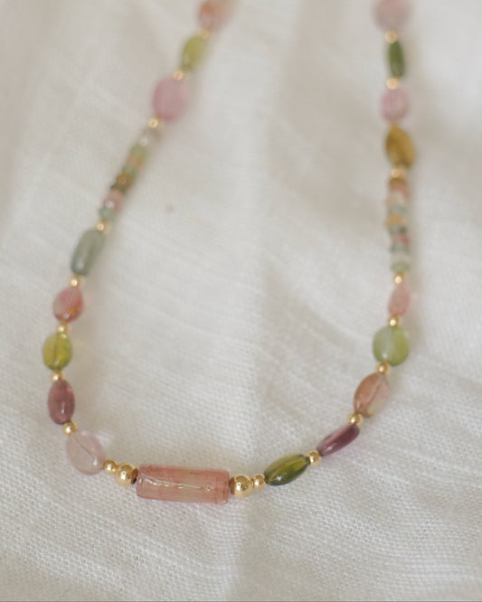 Mixed tourmaline beaded necklace - gold
