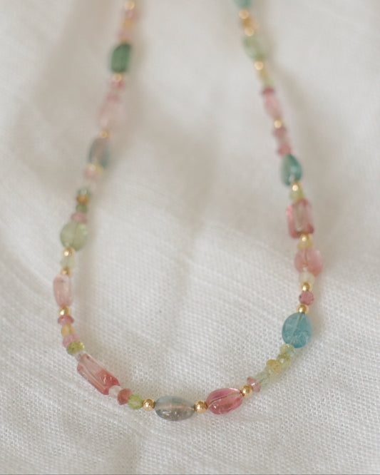 Mixed tourmaline beaded necklace - gold