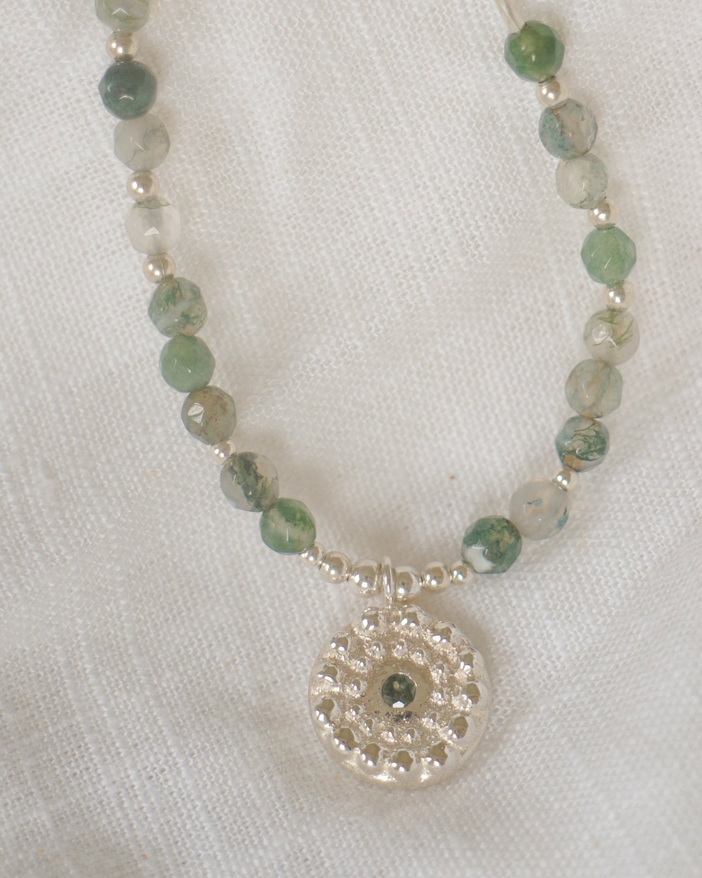 Moss agate beaded necklace with pendant - silver