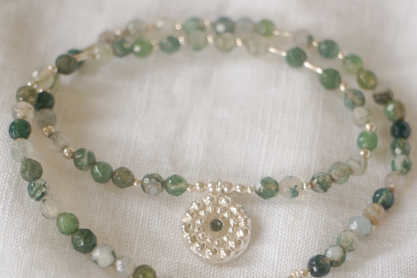 Moss agate beaded necklace with pendant - silver