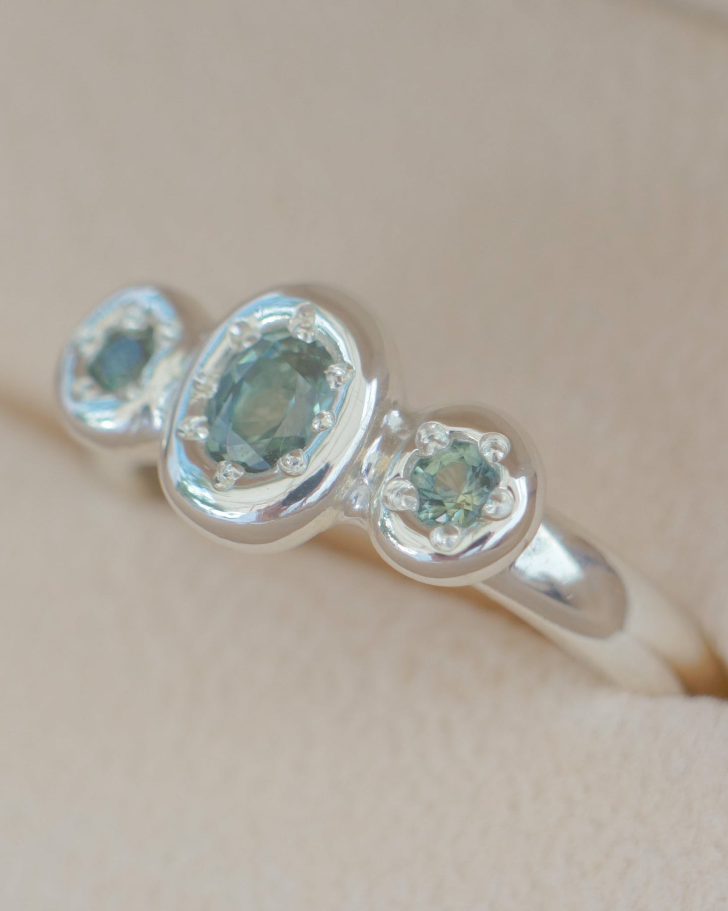 Teal Australian sapphire three stone ring - silver