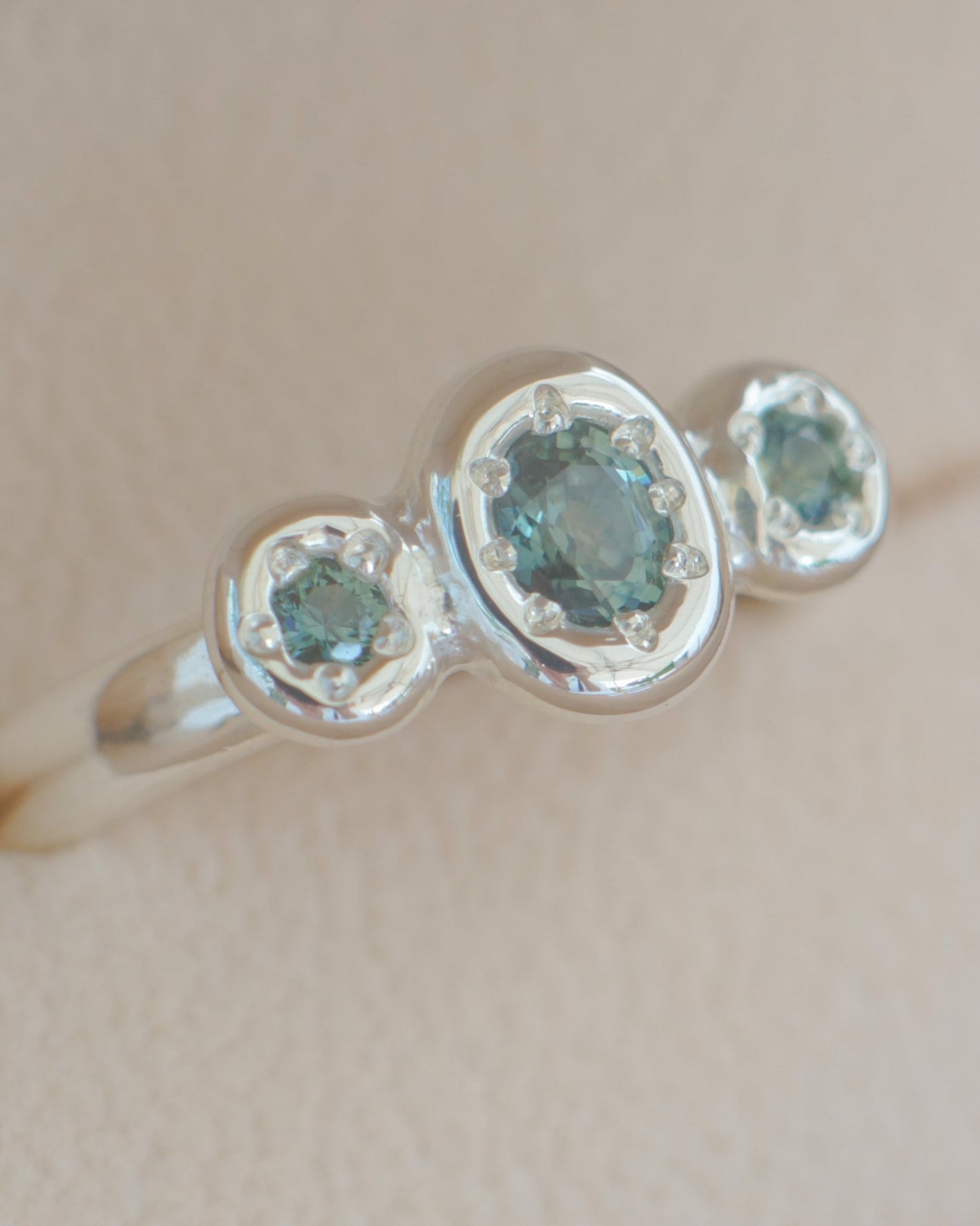 Teal Australian sapphire three stone ring - silver