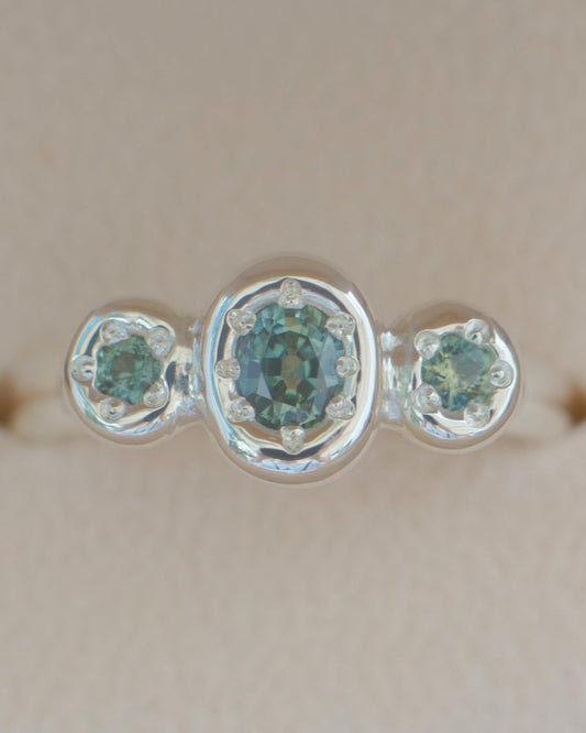 Teal Australian sapphire three stone ring - silver