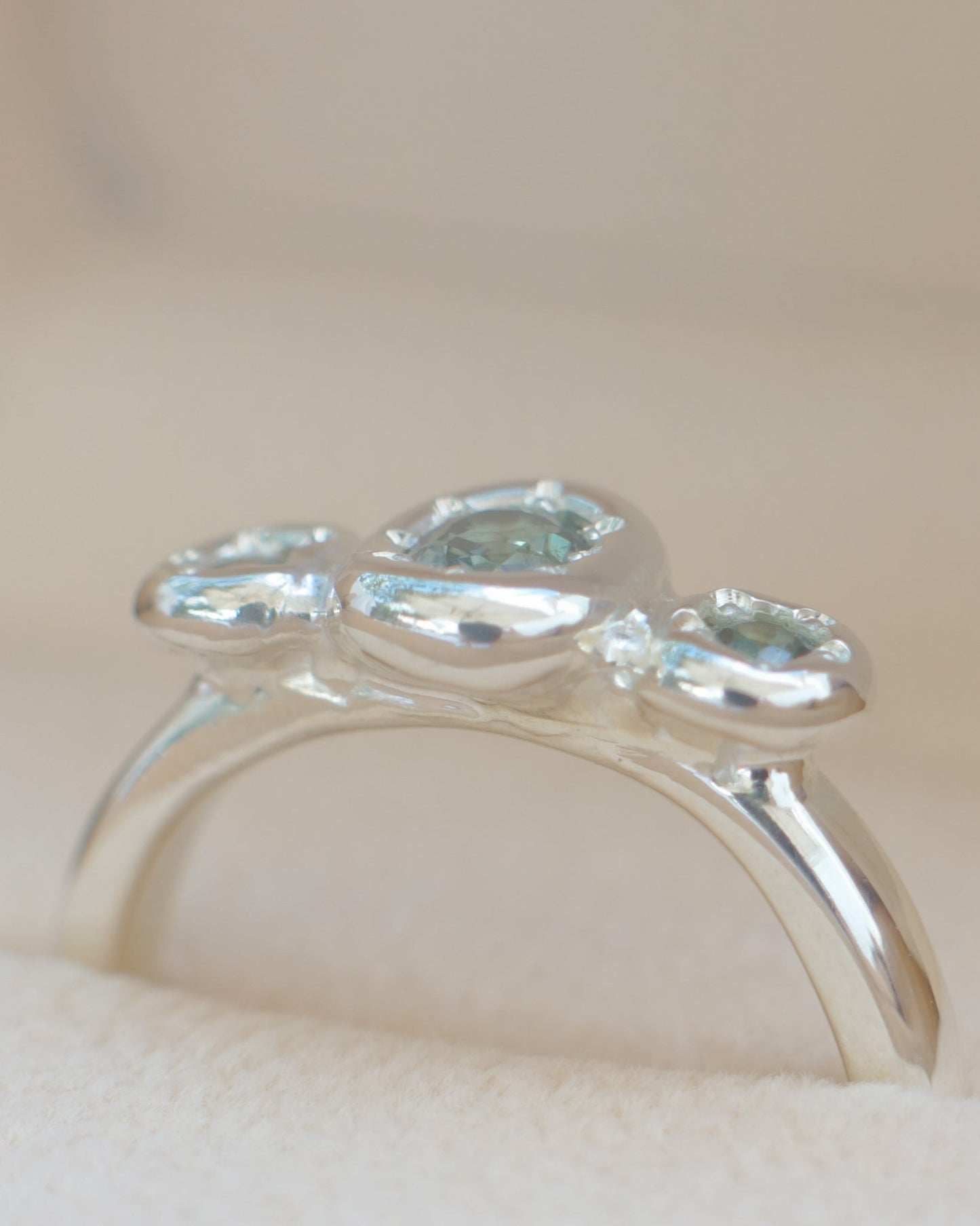 Teal Australian sapphire three stone ring - silver