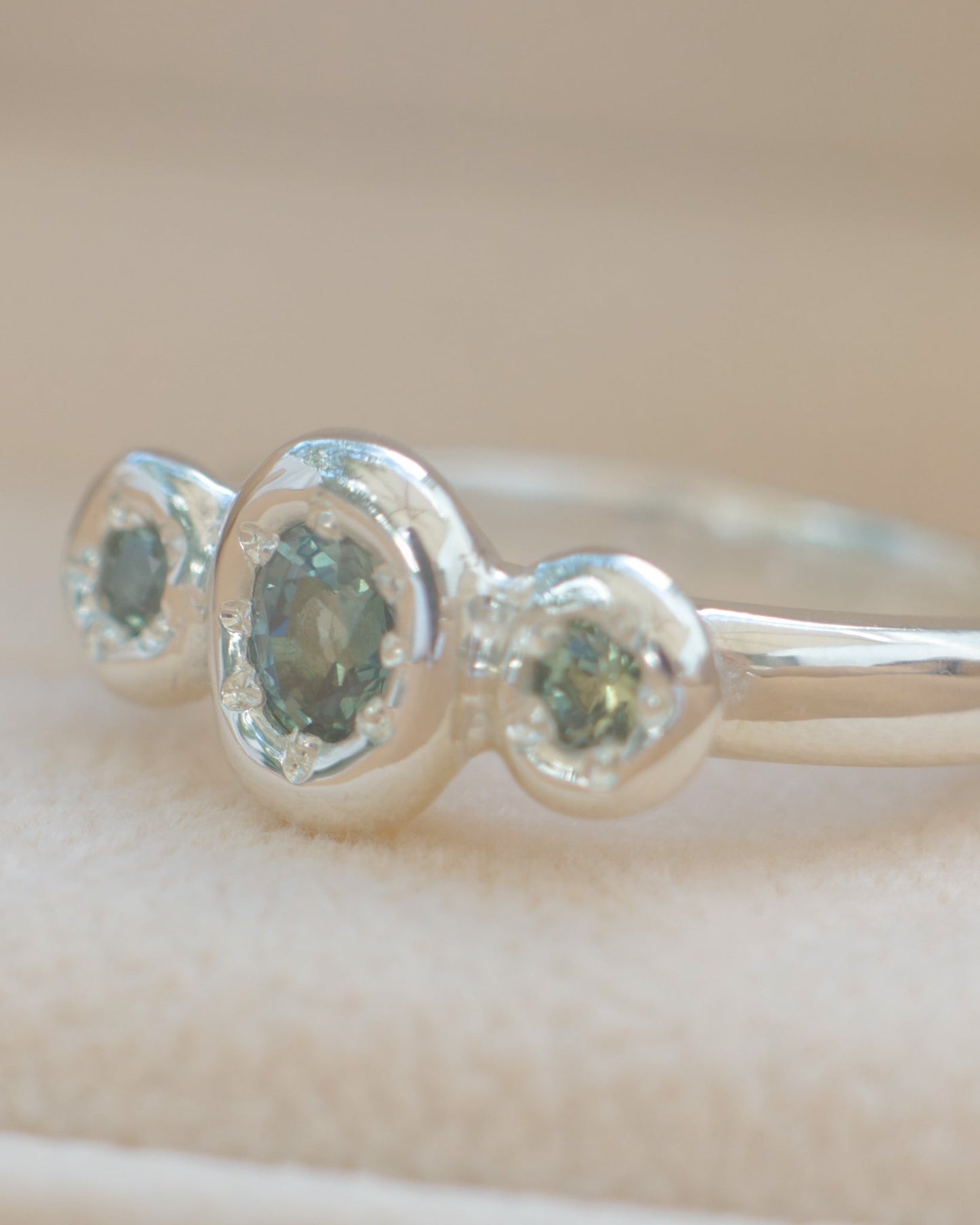 Teal Australian sapphire three stone ring - silver
