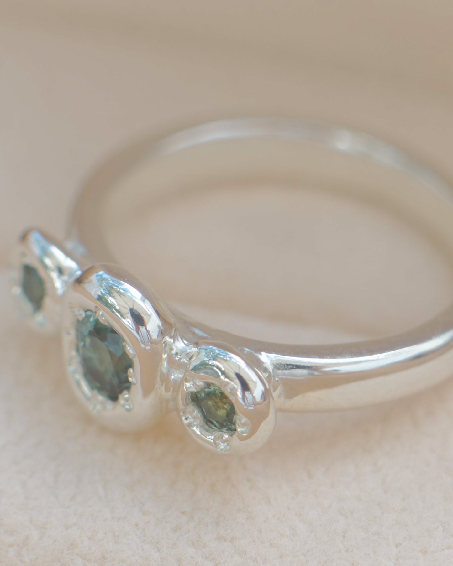 Teal Australian sapphire three stone ring - silver