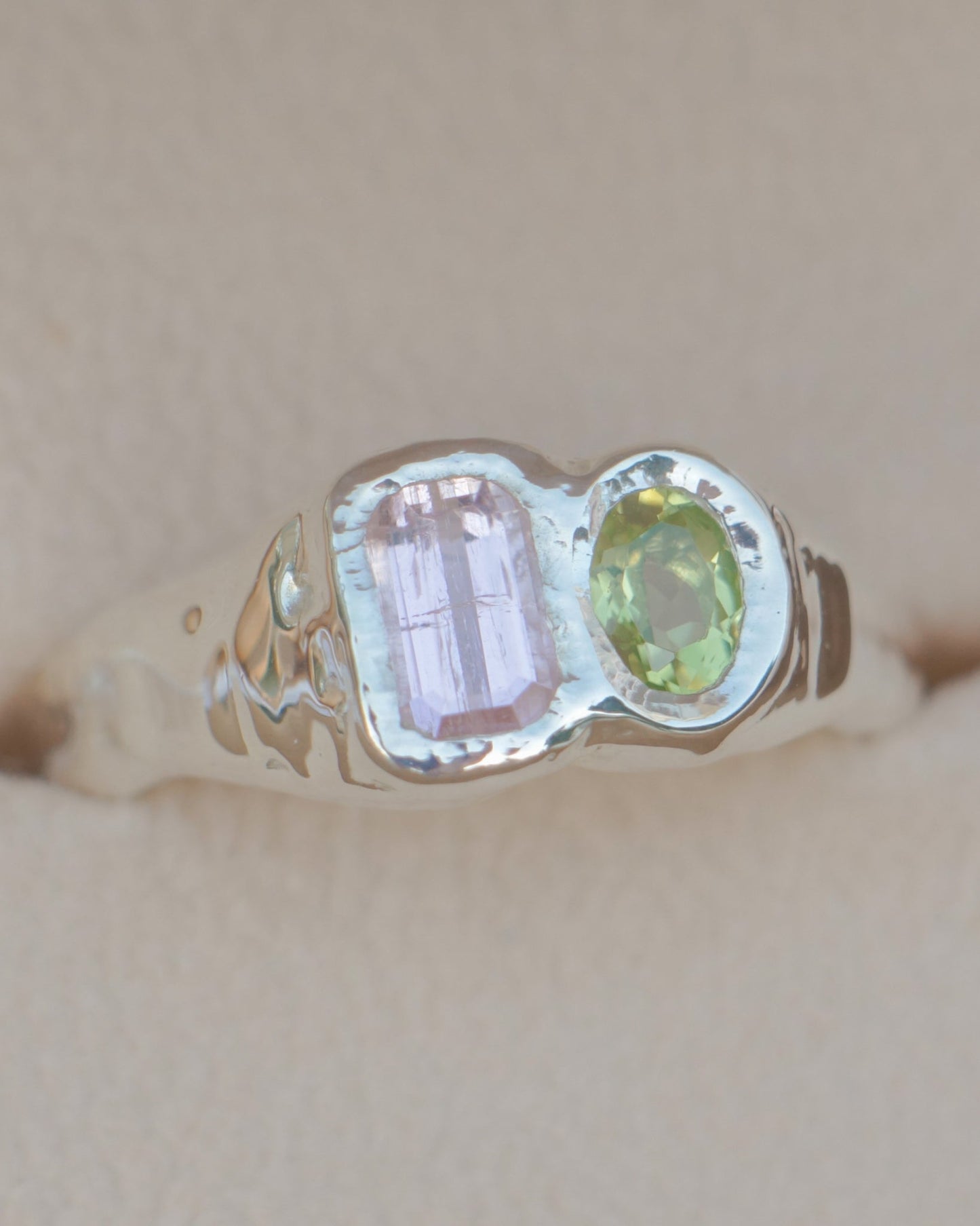 Tourmaline & peridot two stone ring - silver