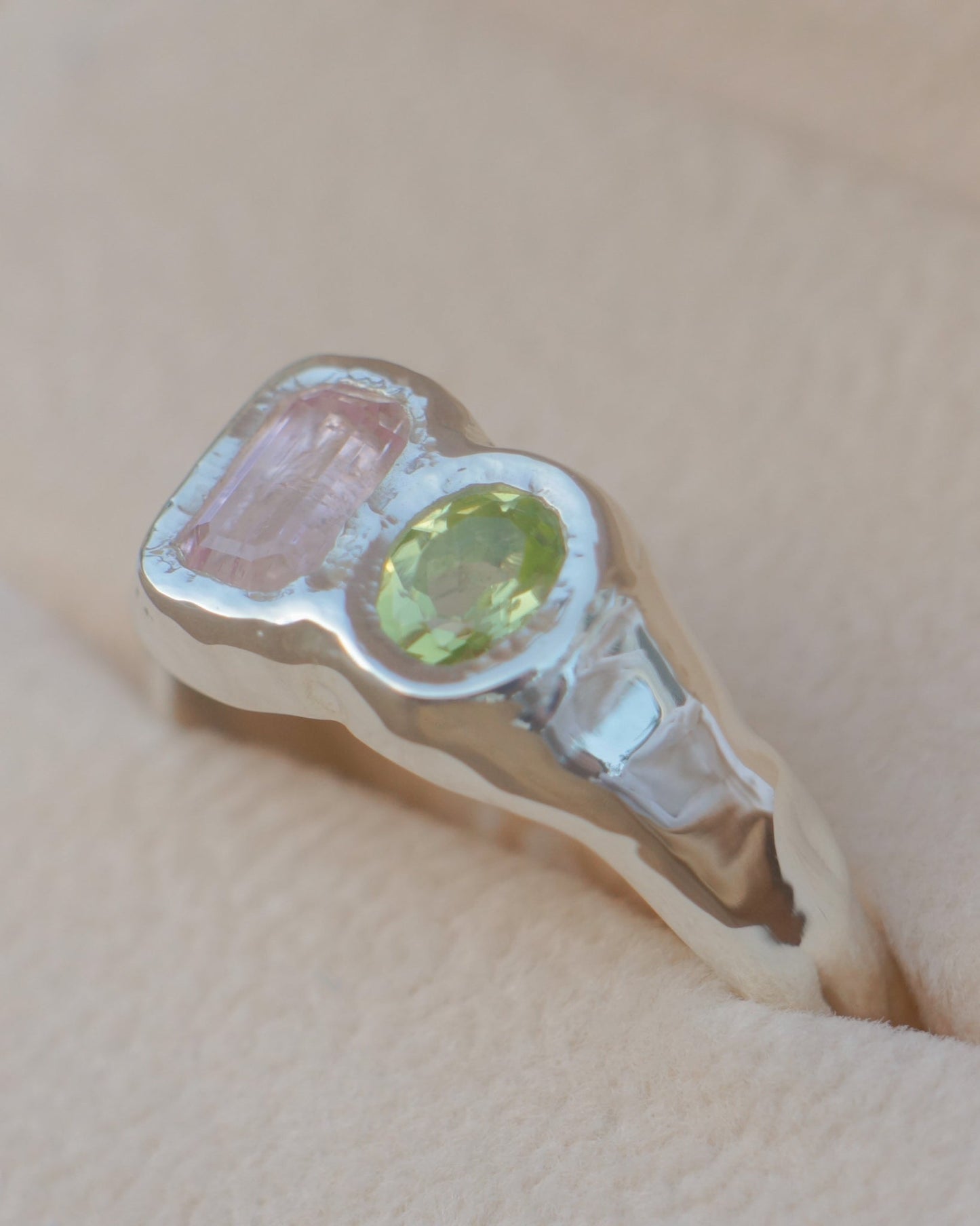 Tourmaline & peridot two stone ring - silver
