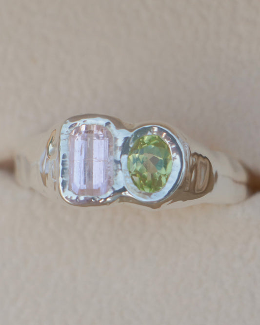 Tourmaline & peridot two stone ring - silver