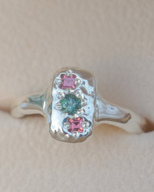 Molten signet with teal tourmaline & rhodolite garnet - silver