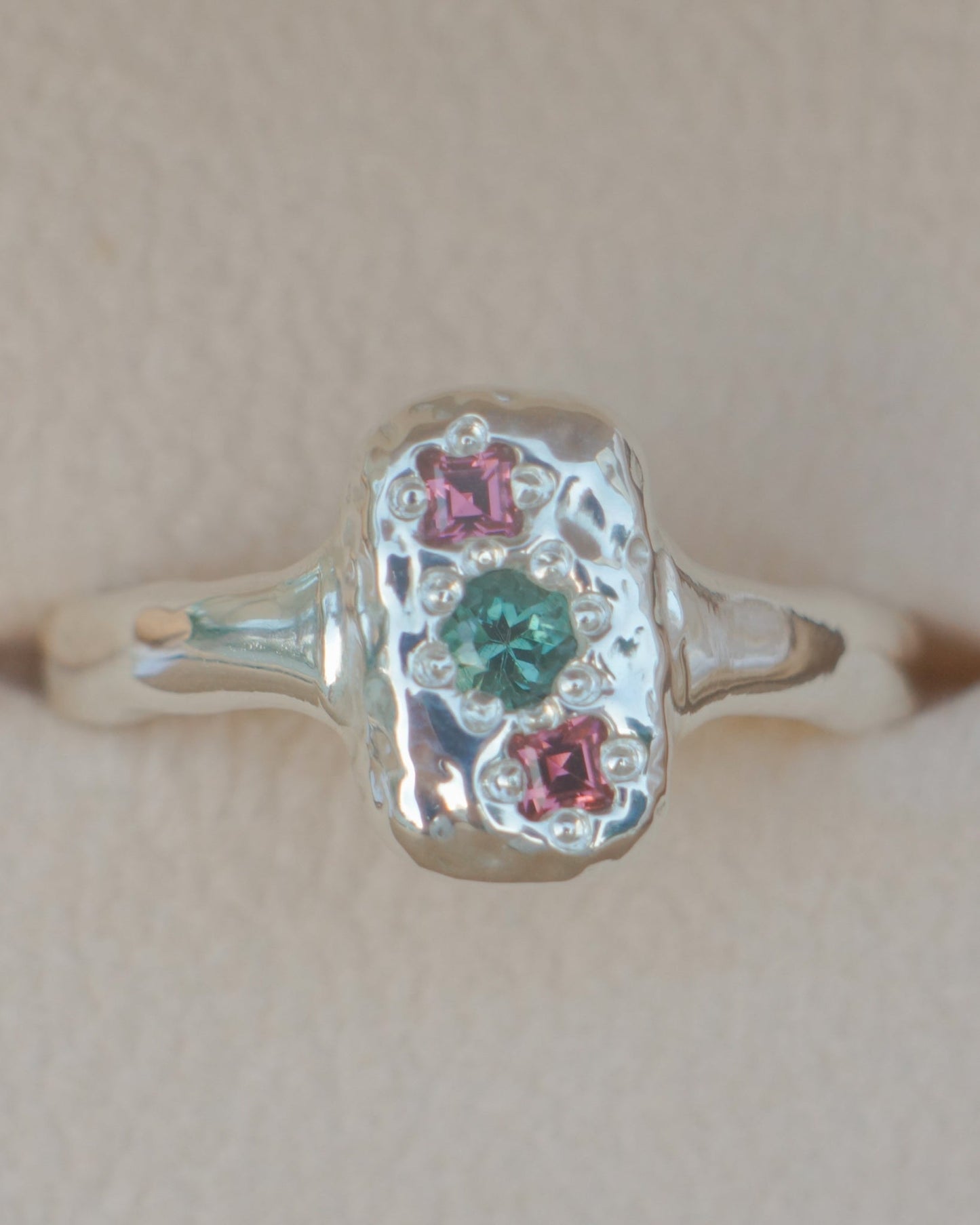 Molten signet with teal tourmaline & rhodolite garnet - silver
