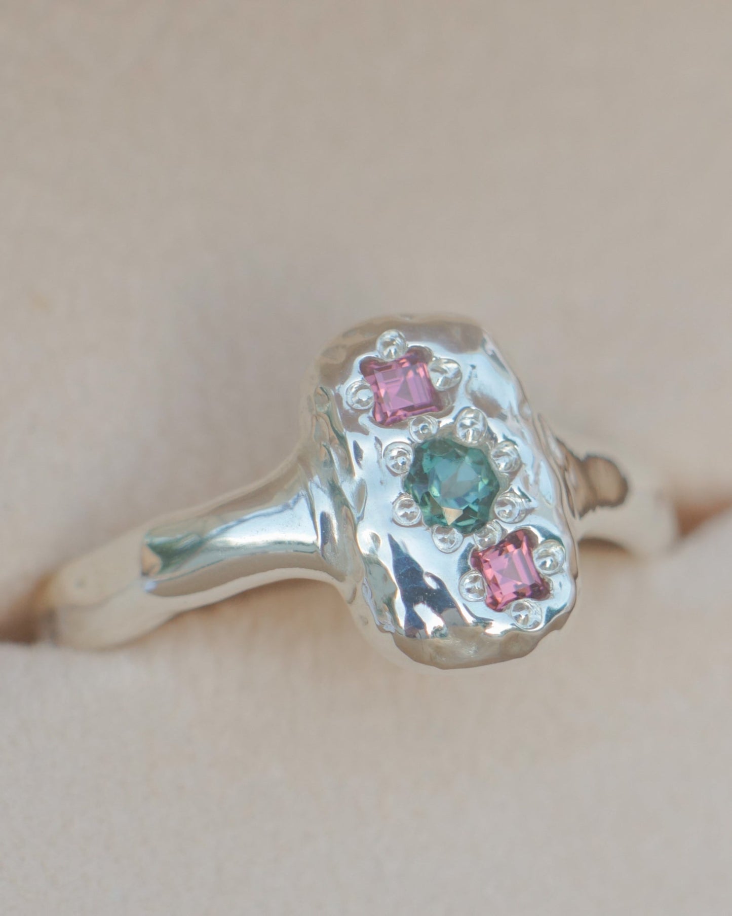 Molten signet with teal tourmaline & rhodolite garnet - silver