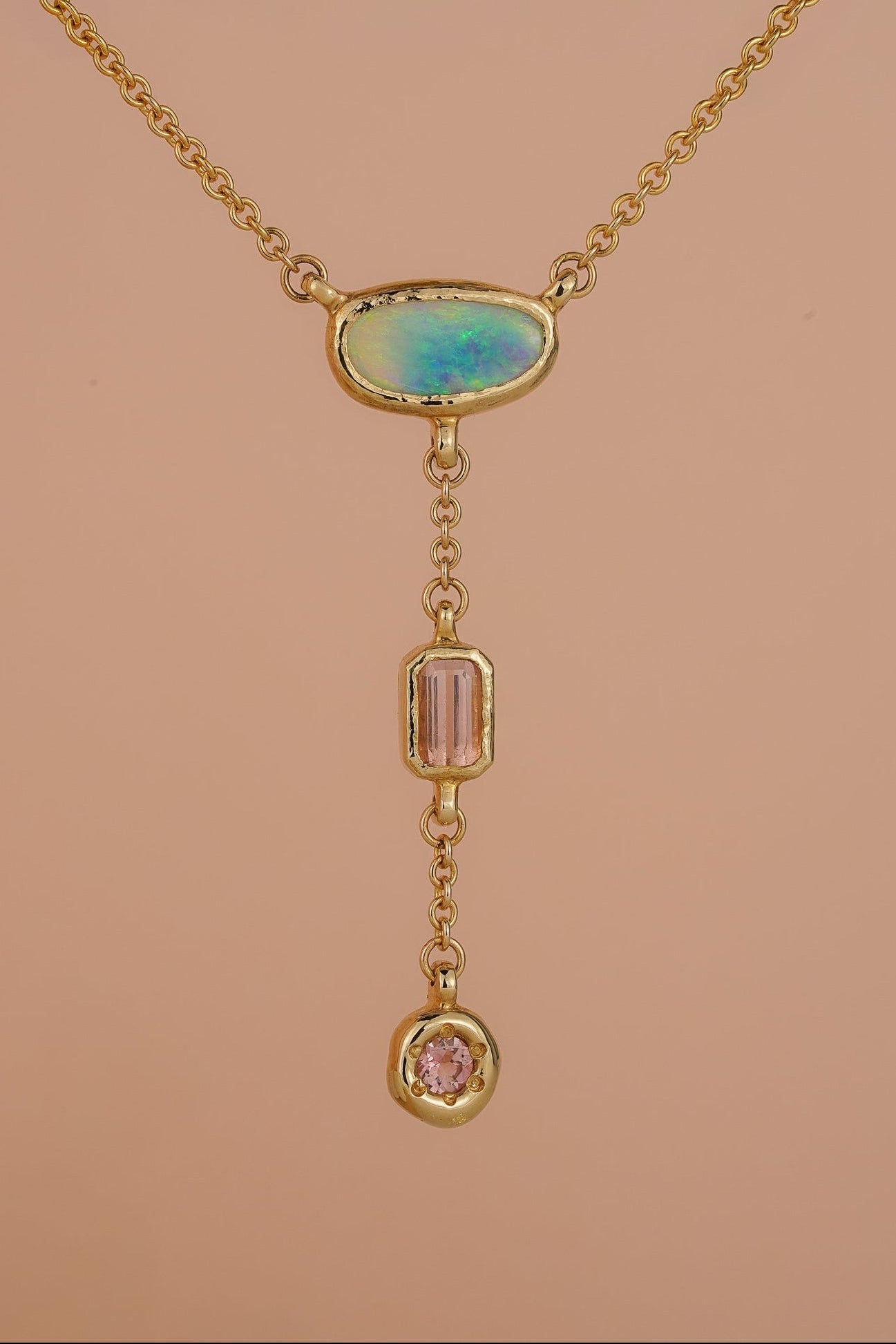 Solid gold triple drop lariat necklace with opal & tourmaline