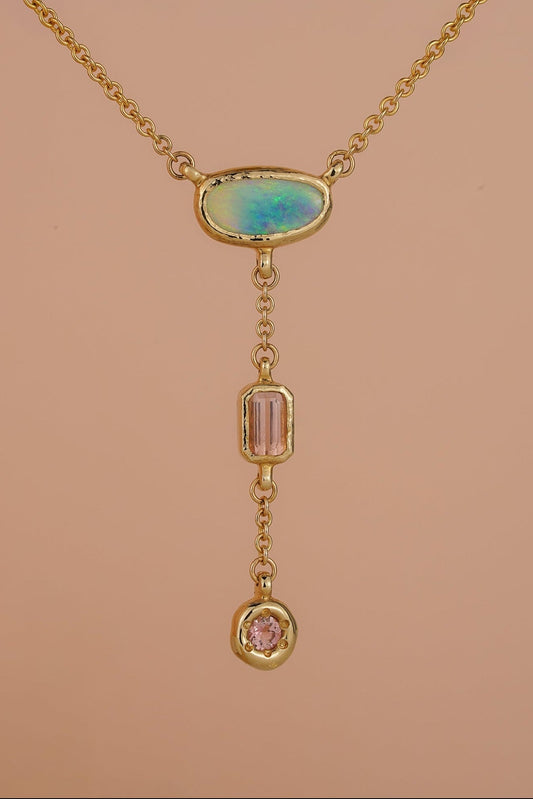 Solid gold triple drop lariat necklace with opal & tourmaline