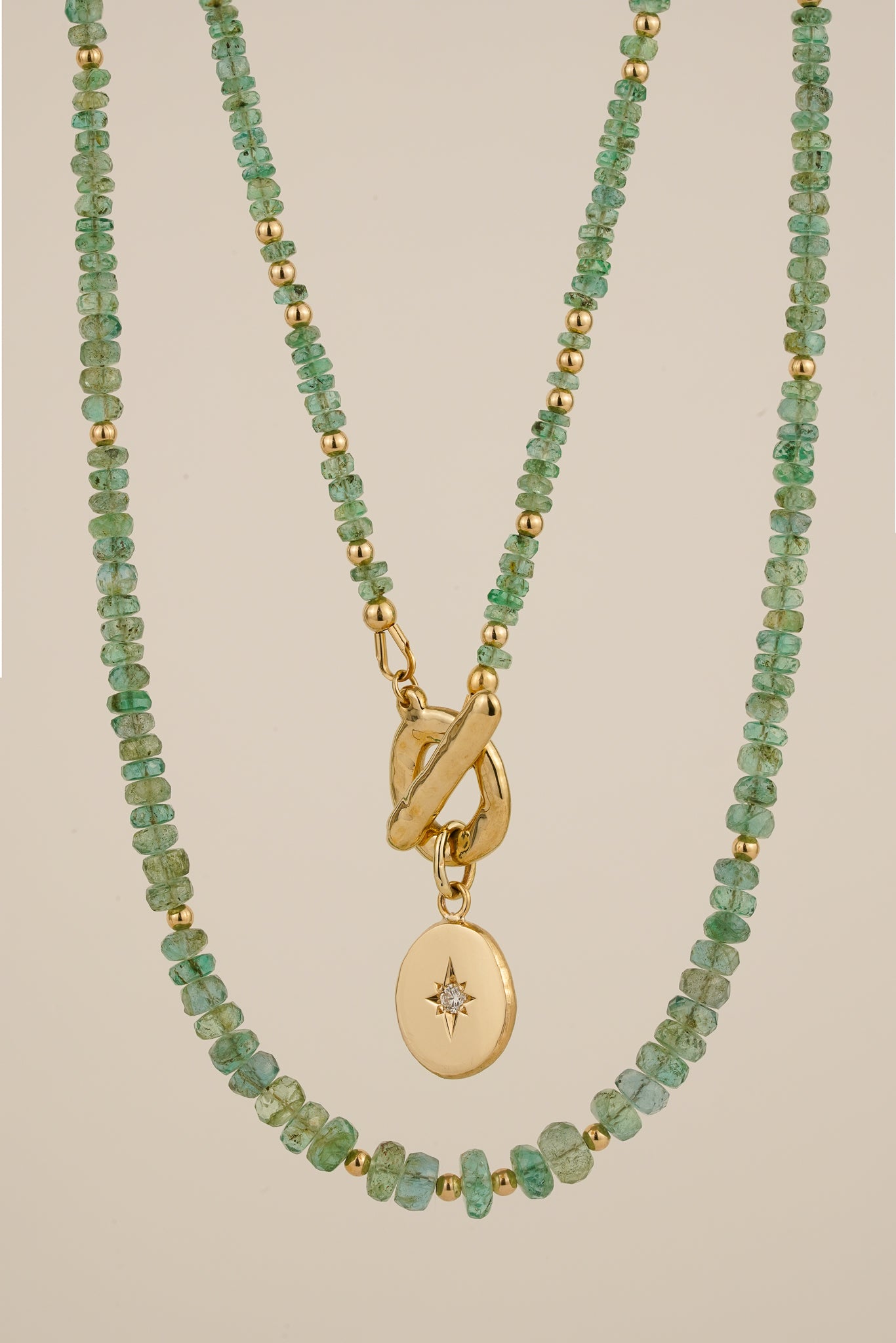 Emerald beaded necklace with solid gold toggle clasp & diamond pendant