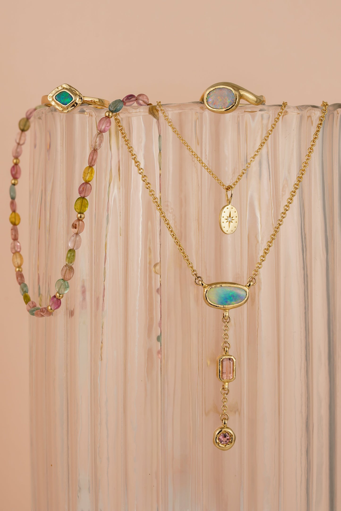 Solid gold triple drop lariat necklace with opal & tourmaline