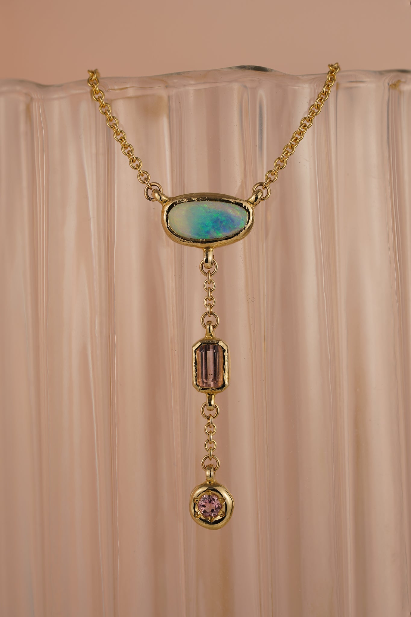 Solid gold triple drop lariat necklace with opal & tourmaline