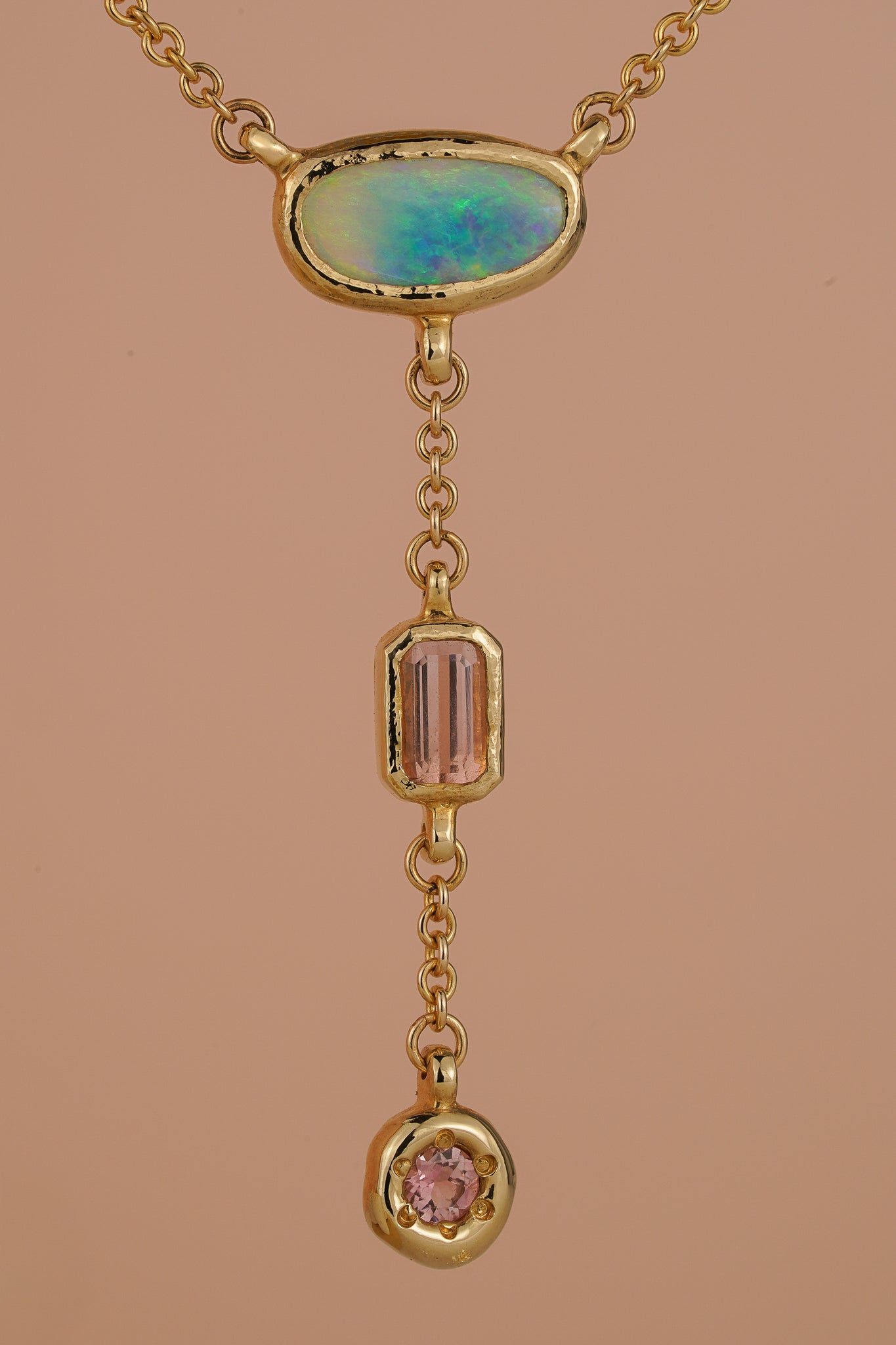 Solid gold triple drop lariat necklace with opal & tourmaline