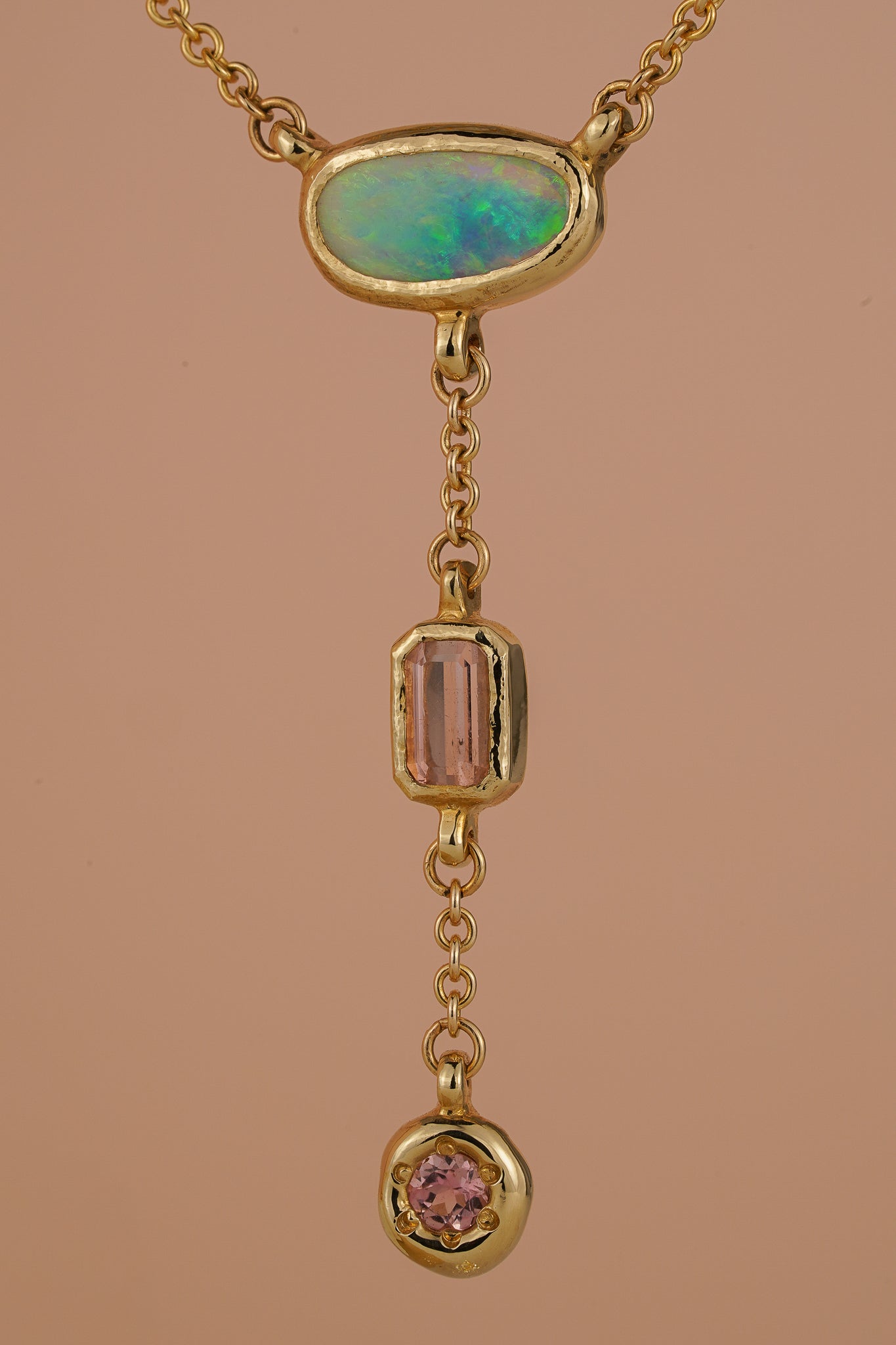 Solid gold triple drop lariat necklace with opal & tourmaline